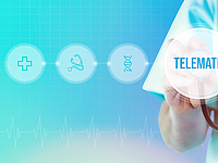 Telematik. Arzt mit Stethoskop im Fokus. Icons und Text auf einem digitalen Interface. Medizinische Technologie